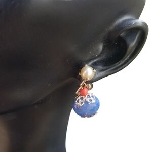 BARCLAY VINTAGE 1950s FAUX LAPIS LAZULI & PEARL DROP SCREW BACK STYLE EARRINGS
